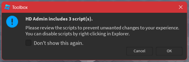 A prompt from Roblox Studio telling the user the number of scripts and whether they want to insert the model.